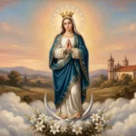 Imagem de Nossa Senhora da Conceição de mãos postas, com manto azul e coroa de estrelas, sobre a lua e as nuvens