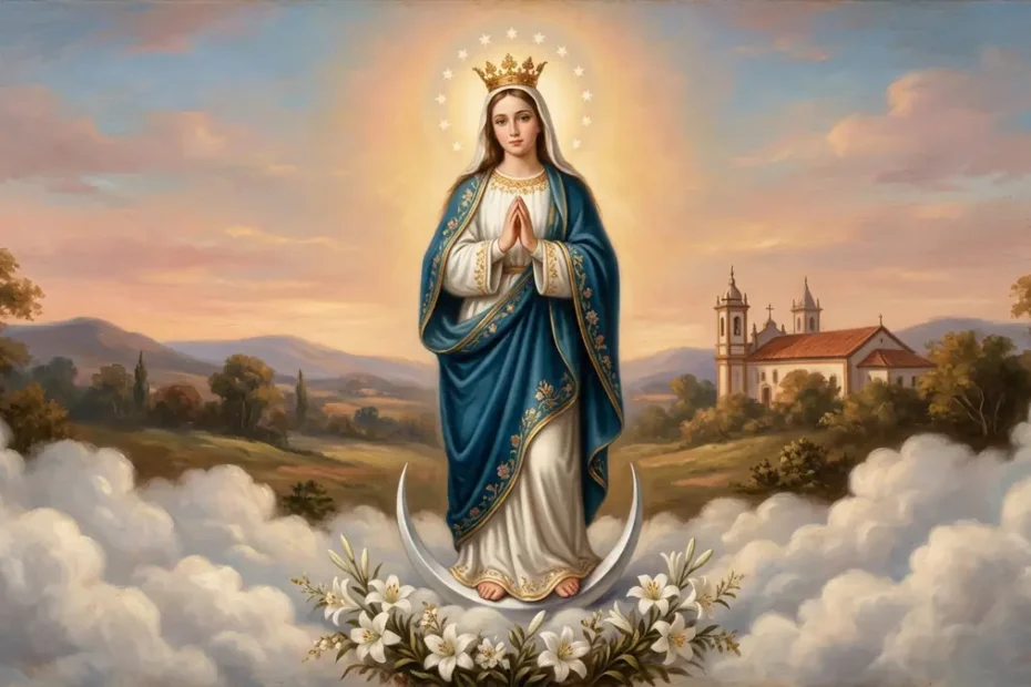 Imagem de Nossa Senhora da Conceição de mãos postas, com manto azul e coroa de estrelas, sobre a lua e as nuvens
