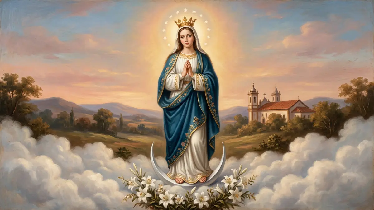 Imagem de Nossa Senhora da Conceição de mãos postas, com manto azul e coroa de estrelas, sobre a lua e as nuvens