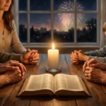 Família de mãos postas rezando em volta de uma mesa com vela acesa e Bíblia aberta, com fogos de Ano Novo vistos pela janela