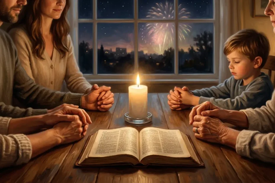 Família de mãos postas rezando em volta de uma mesa com vela acesa e Bíblia aberta, com fogos de Ano Novo vistos pela janela