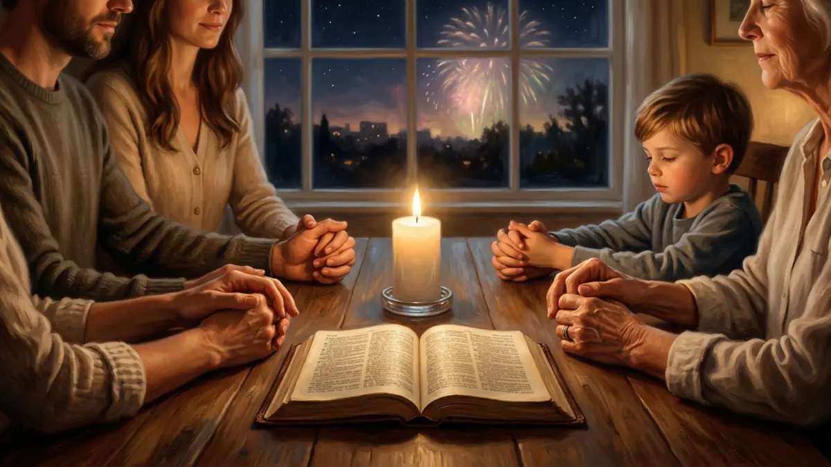 Família de mãos postas rezando em volta de uma mesa com vela acesa e Bíblia aberta, com fogos de Ano Novo vistos pela janela