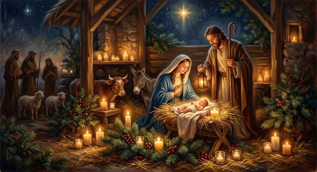 Presépio de Natal iluminado por velas, para rezar a oração de Natal em família