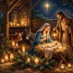 Presépio de Natal iluminado por velas, para rezar a oração de Natal em família