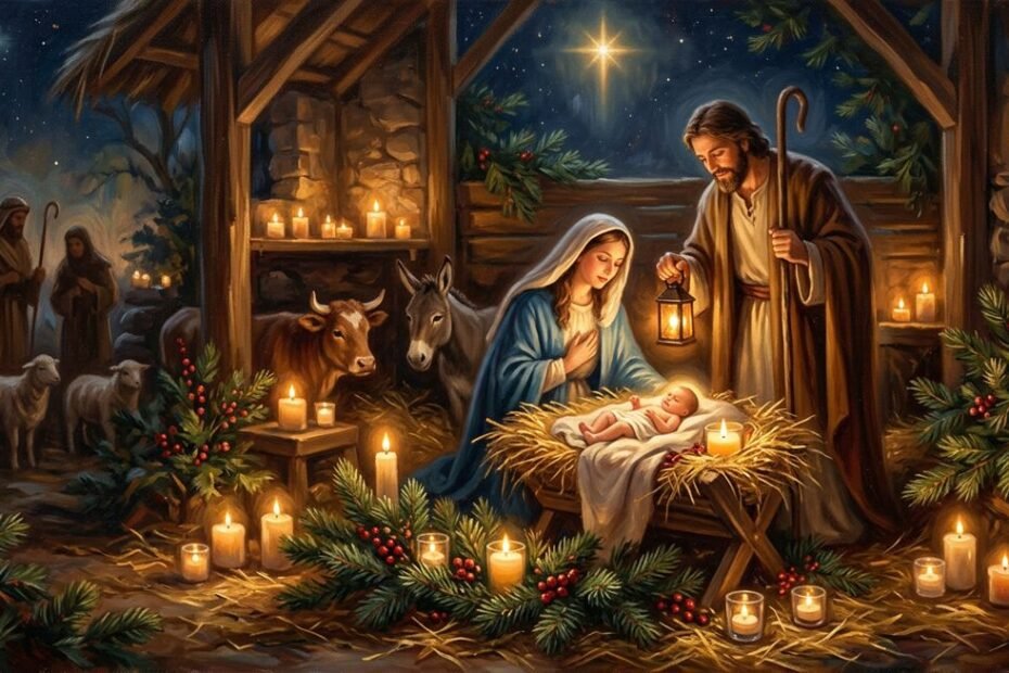 Presépio de Natal iluminado por velas, para rezar a oração de Natal em família
