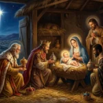 Os três Reis Magos ajoelhados diante do Menino Jesus na manjedoura, com Maria e José, oferecendo ouro, incenso e mirra sob a estrela de Belém