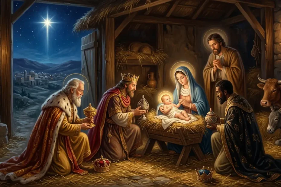 Os três Reis Magos ajoelhados diante do Menino Jesus na manjedoura, com Maria e José, oferecendo ouro, incenso e mirra sob a estrela de Belém