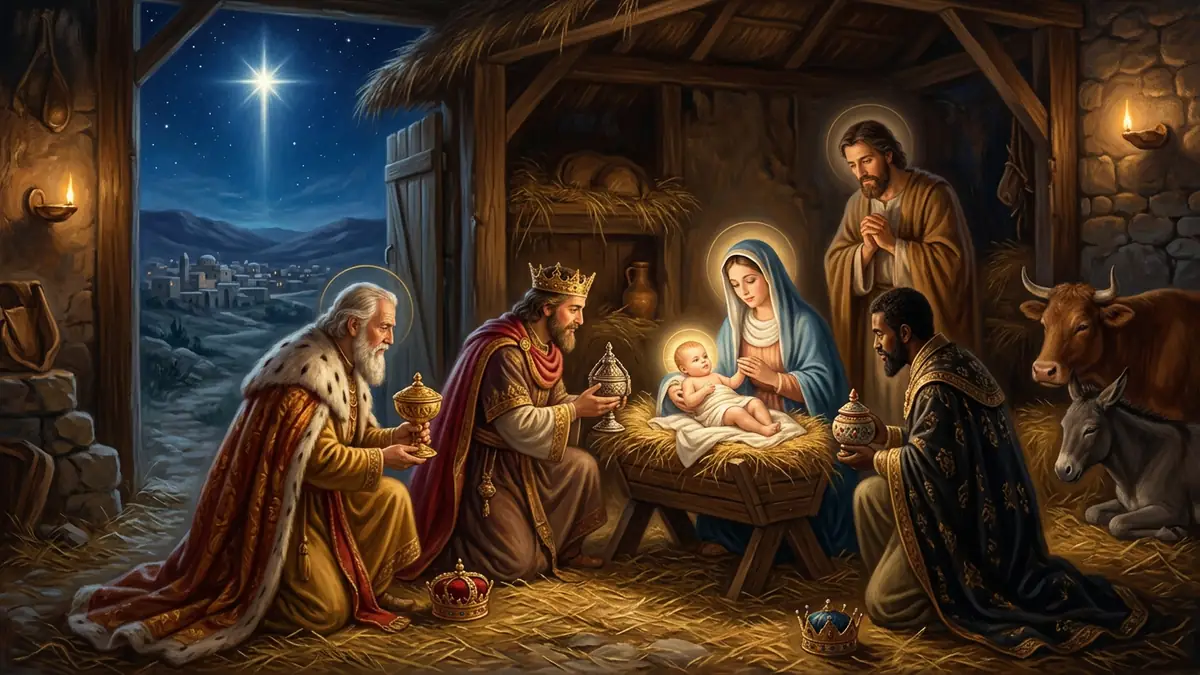 Os três Reis Magos ajoelhados diante do Menino Jesus na manjedoura, com Maria e José, oferecendo ouro, incenso e mirra sob a estrela de Belém
