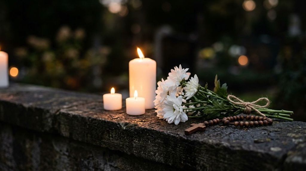 Velas acesas e flores brancas com terço em homenagem aos falecidos